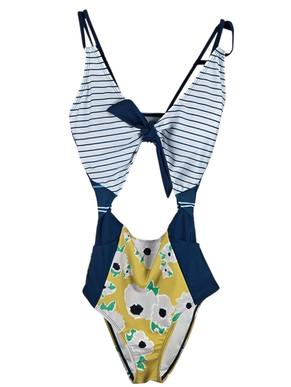 Nani Swimwear Floral Cutout Tie Front One Piece Blue Yellow Size Small